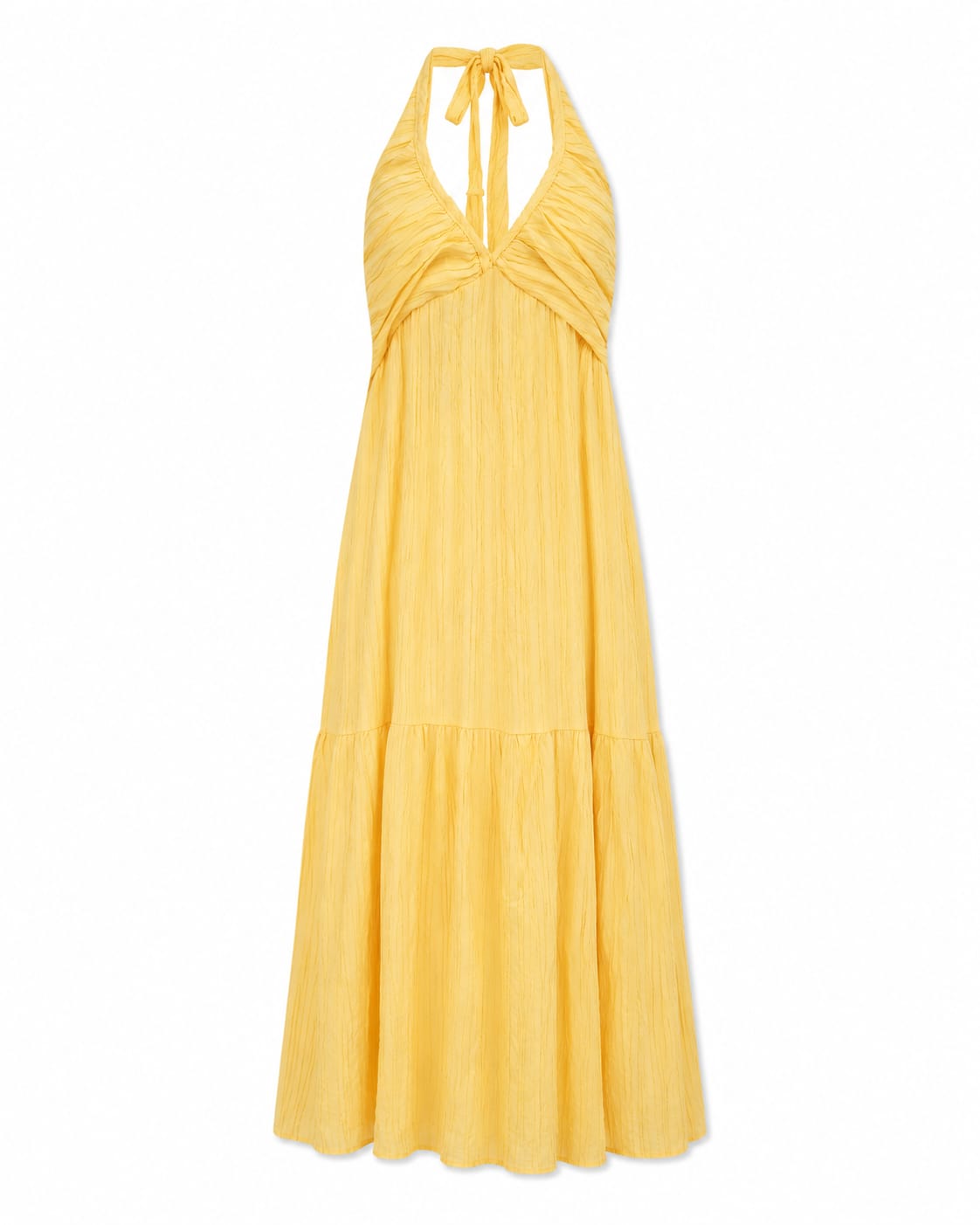 Women’s Yellow Ruched Halter Tiered Maxi Dress