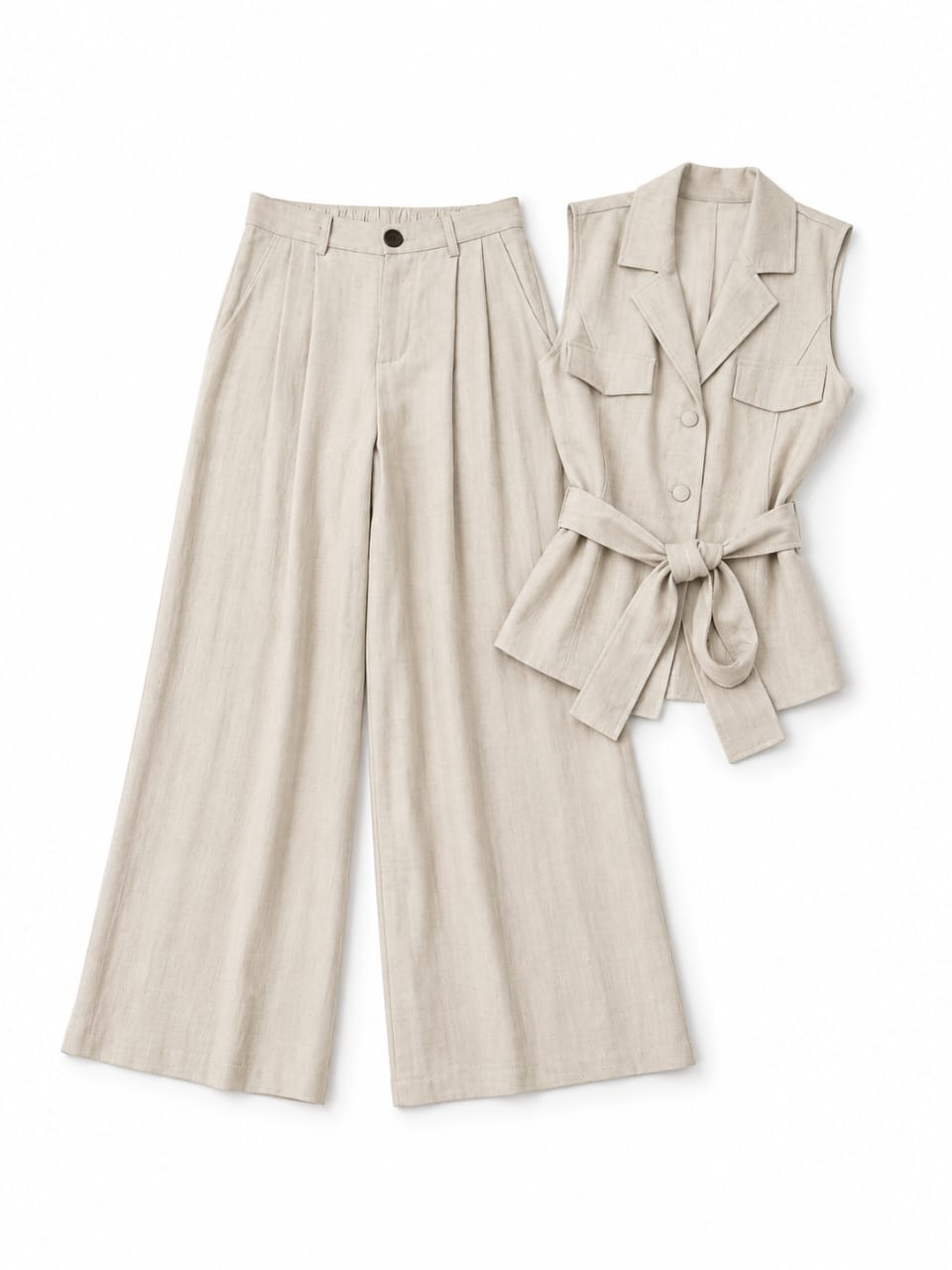 Women’s Beige Linen Belted Vest & Wide-Leg Pants Set