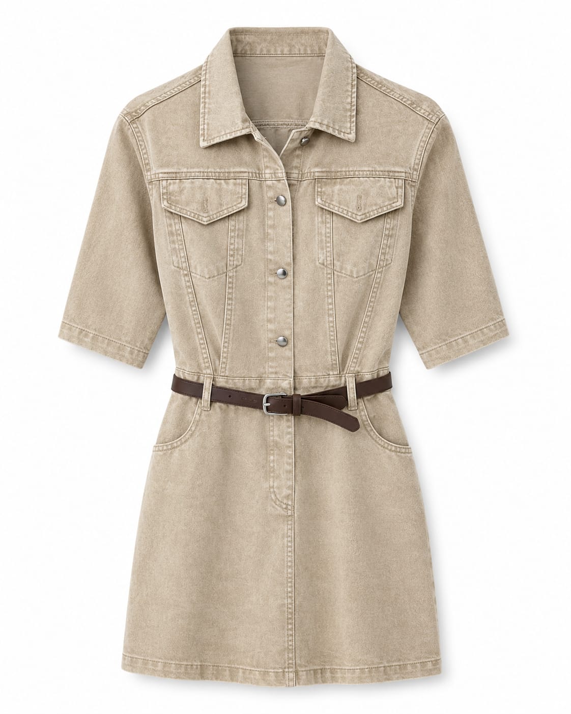 Women’s Beige Belted Denim Shirt Dress