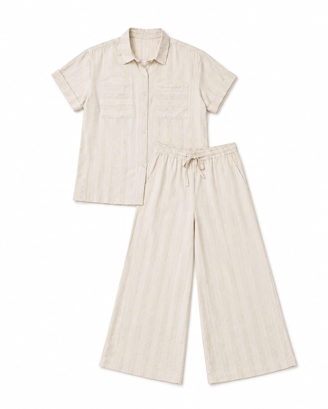 Women’s Cream Short-Sleeve Shirt & Wide-Leg Pants Set