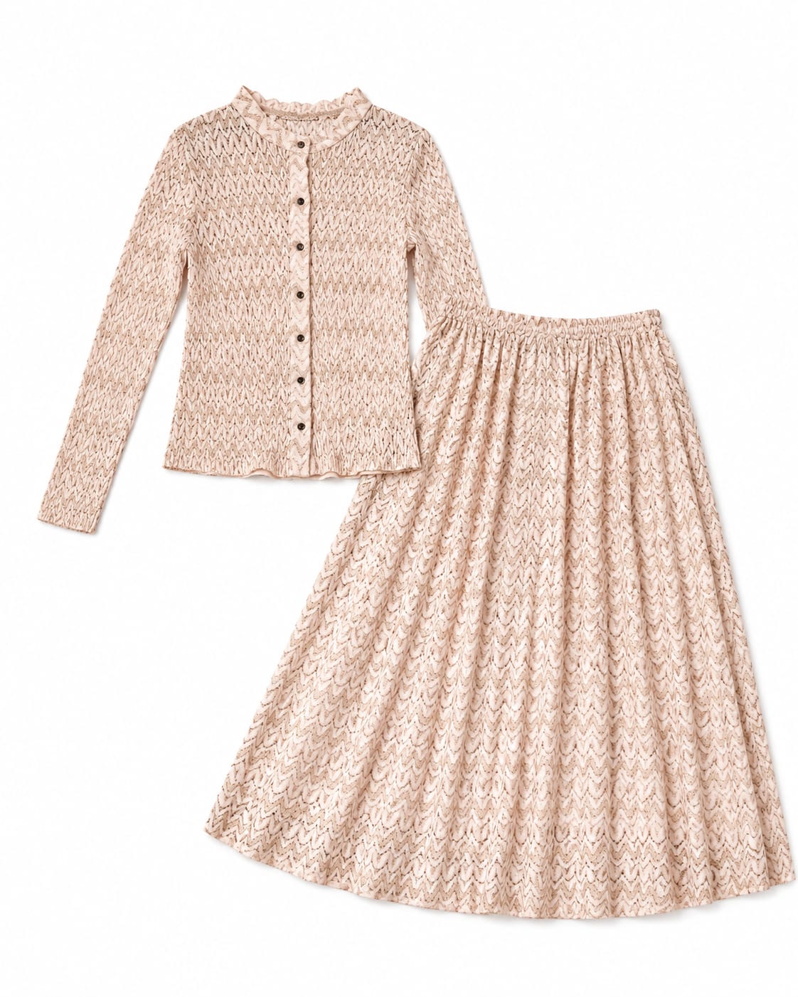 Women’s Beige Chevron Lace Button-Up Top & Maxi Skirt Set