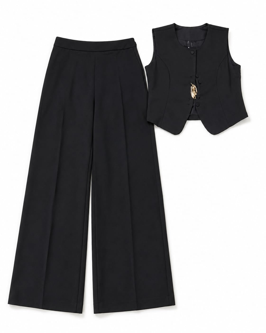 Women’s Black Buttoned Vest & Wide-Leg Pants Set