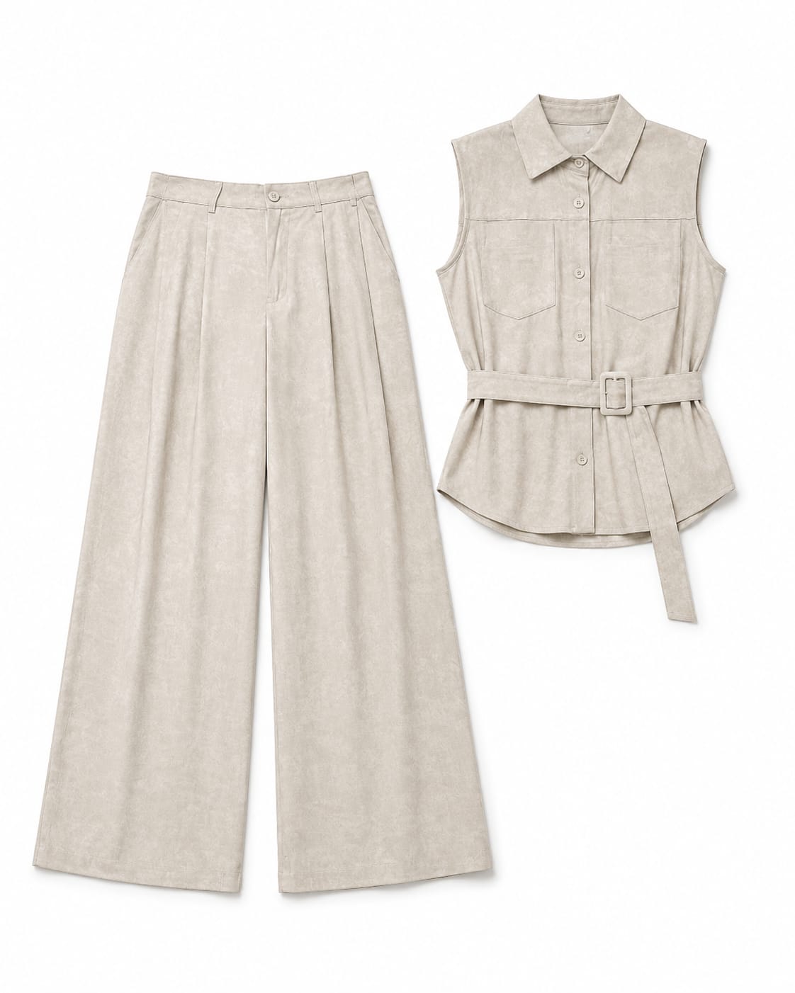 Women’s Beige Belted Sleeveless Shirt & Wide-Leg Pants Set