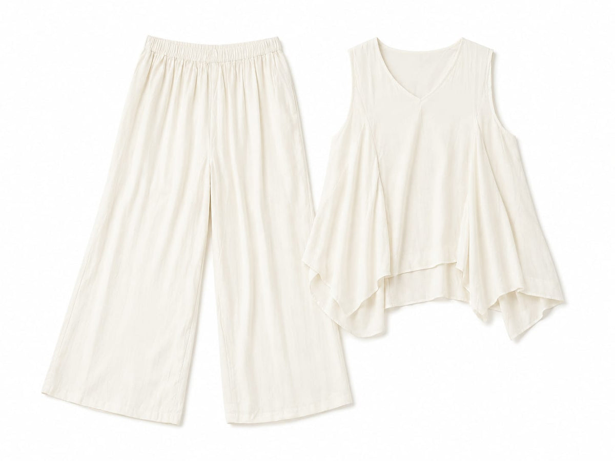 Women’s Ivory Asymmetric V-Neck Top & Wide-Leg Pants Set