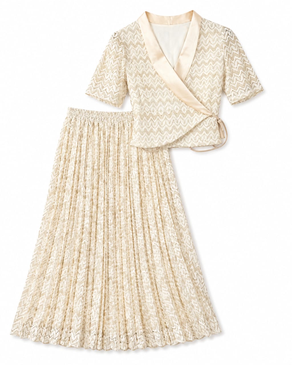 Women cream chevron lace wrap top&pleated maxi skirt set