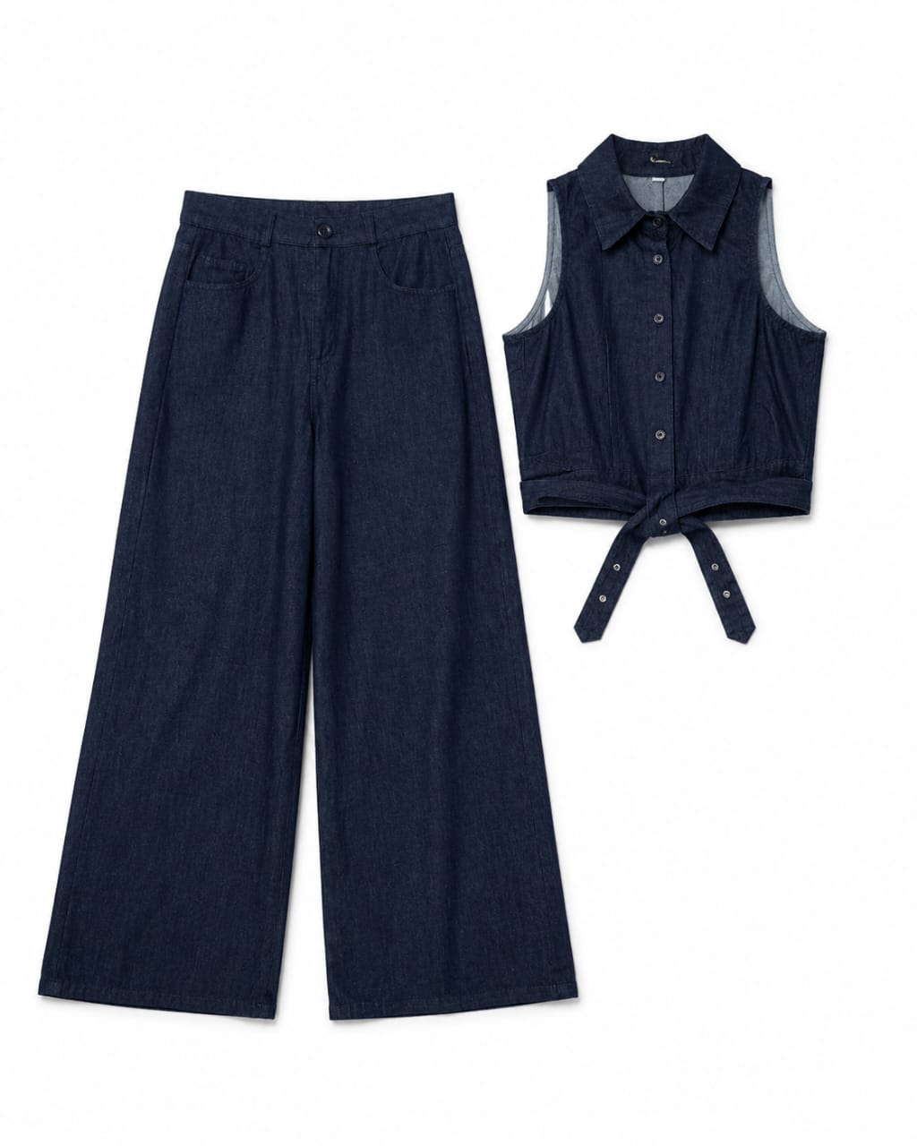 Women’s Dark Indigo Denim Tie-Front Top & Wide-Leg Pants Set