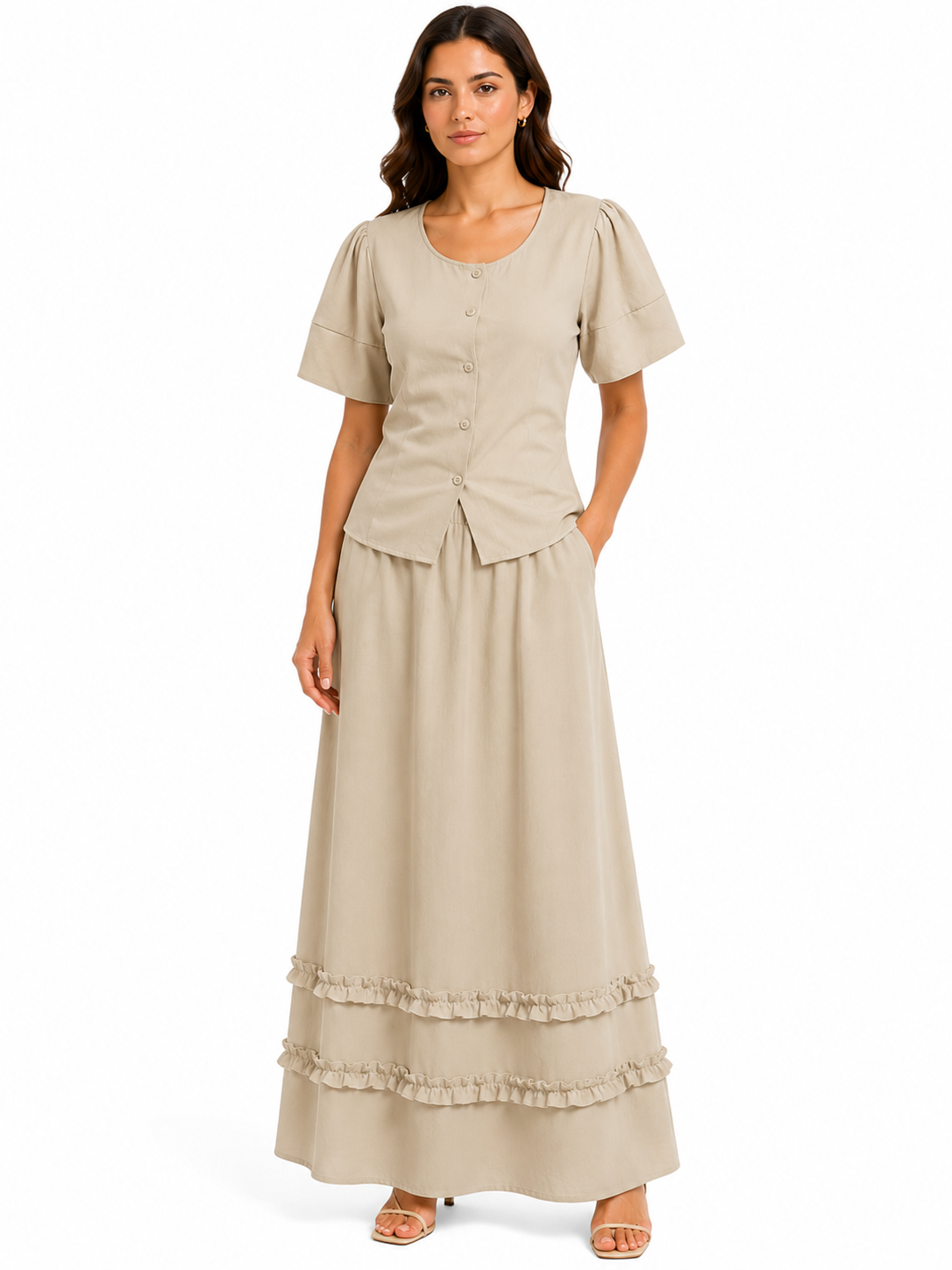 Beige ruffle maxi skirt set