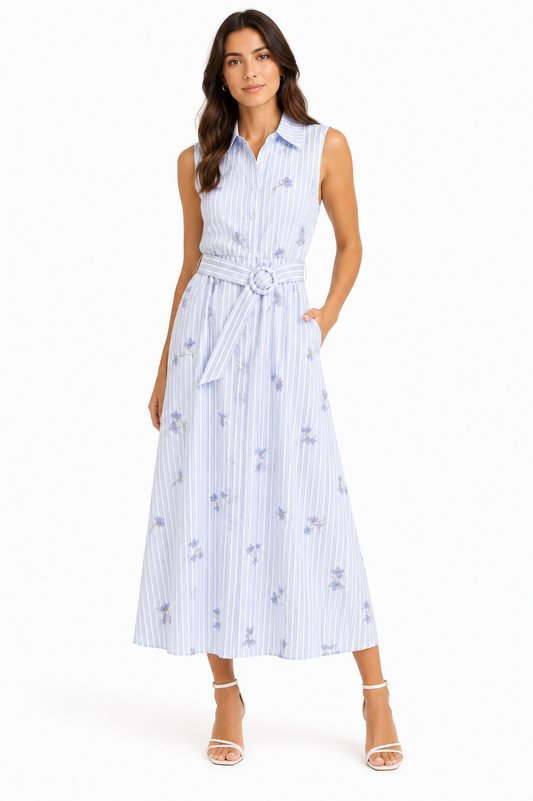 Sky blue floral stripe belted shirt midi dress