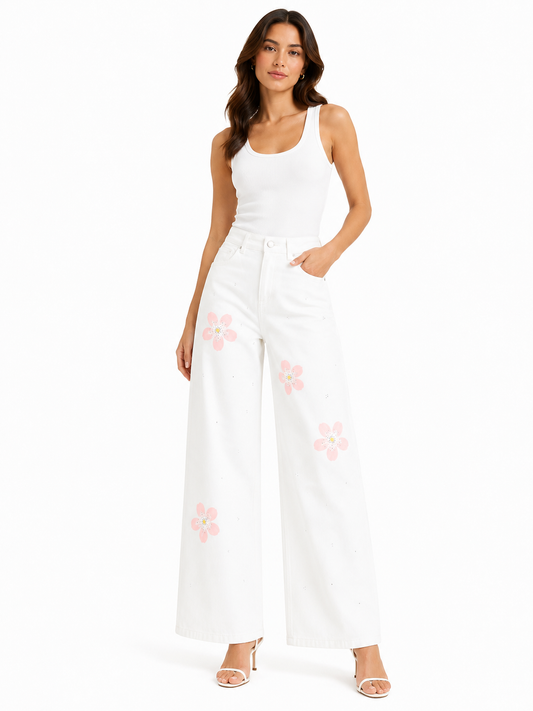 Women floral wide-leg denim  pants-white