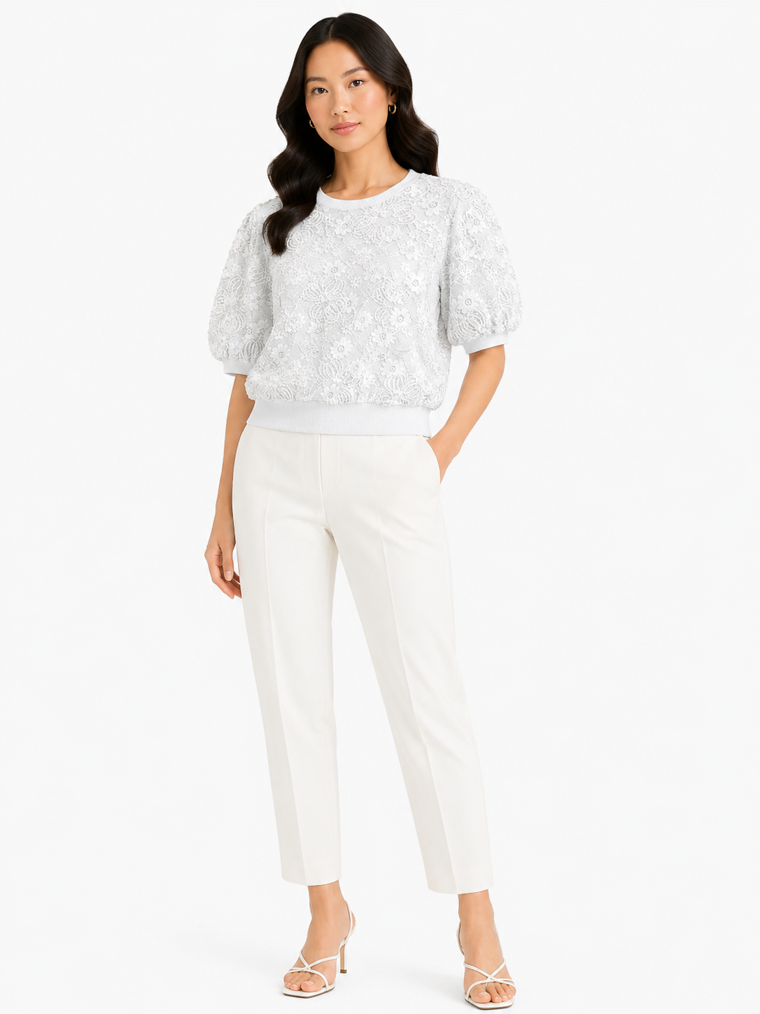 Women floral lace knit puff sleeve top