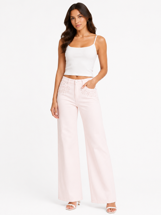 Blush pearl pocket wide-leg jeans