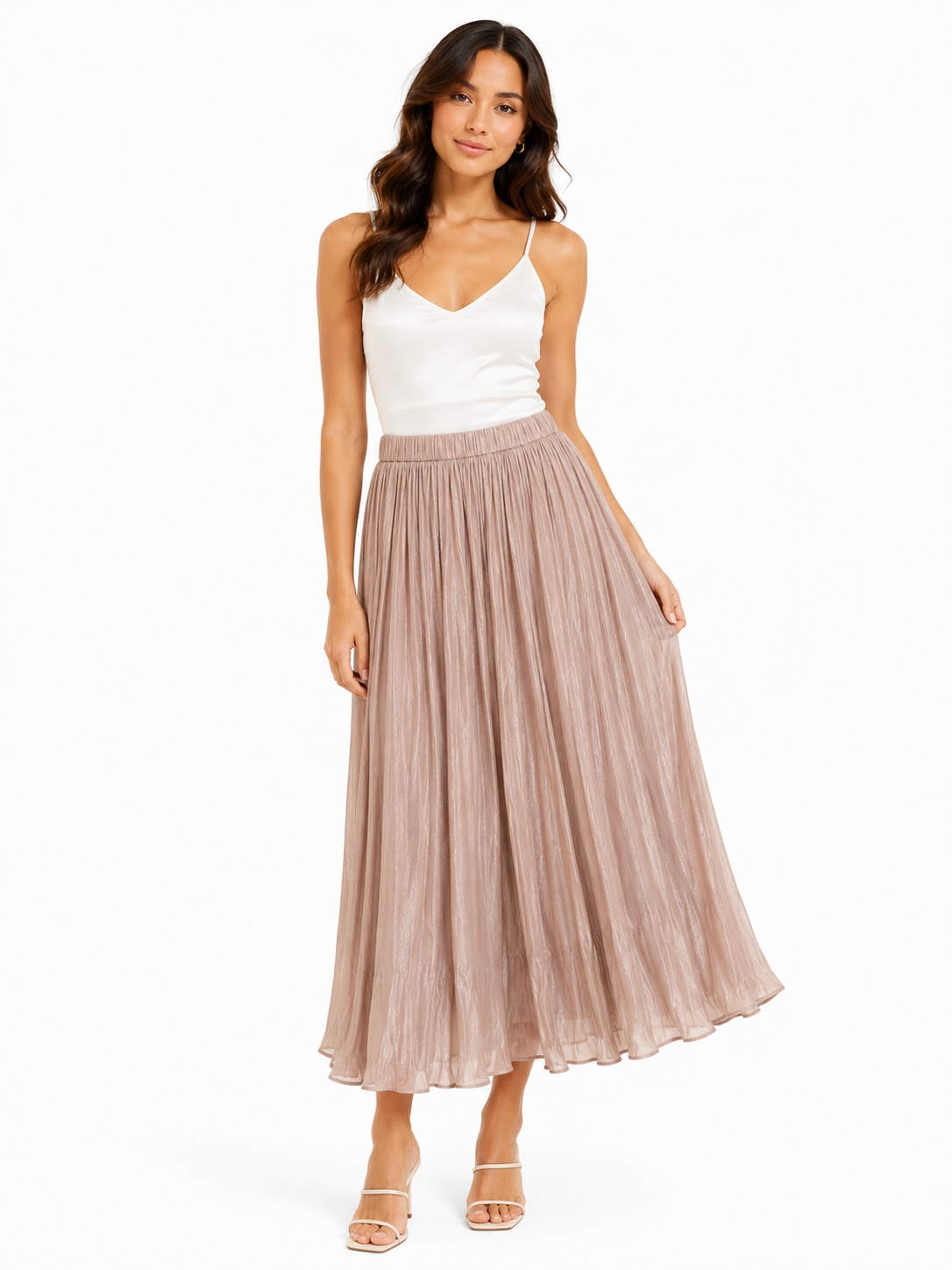 Blush shimmer pleated midi skirt