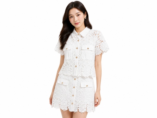 Women white floral lace two-piece set