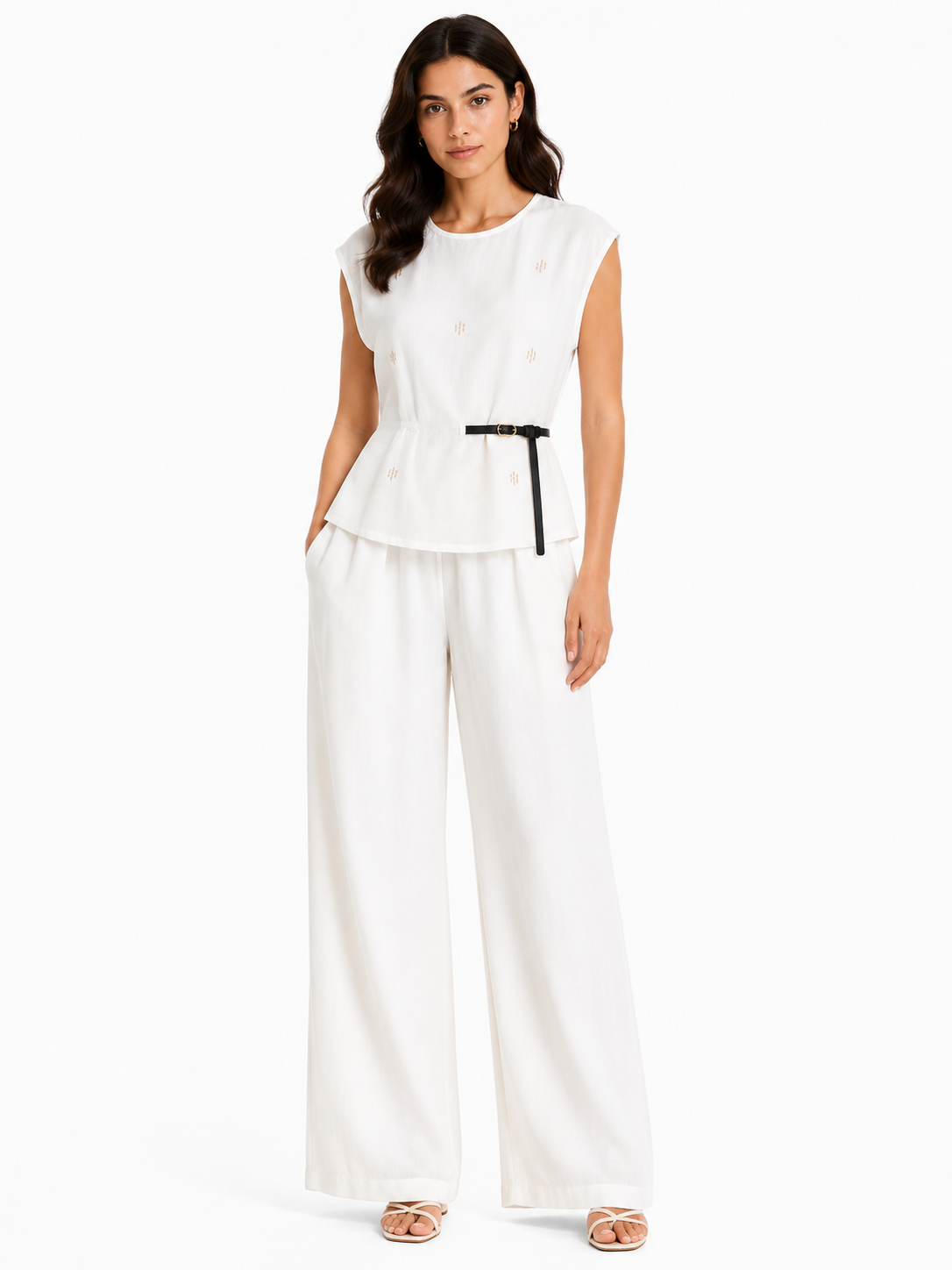 White embroidered blouse&wide-leg pants co-ord set