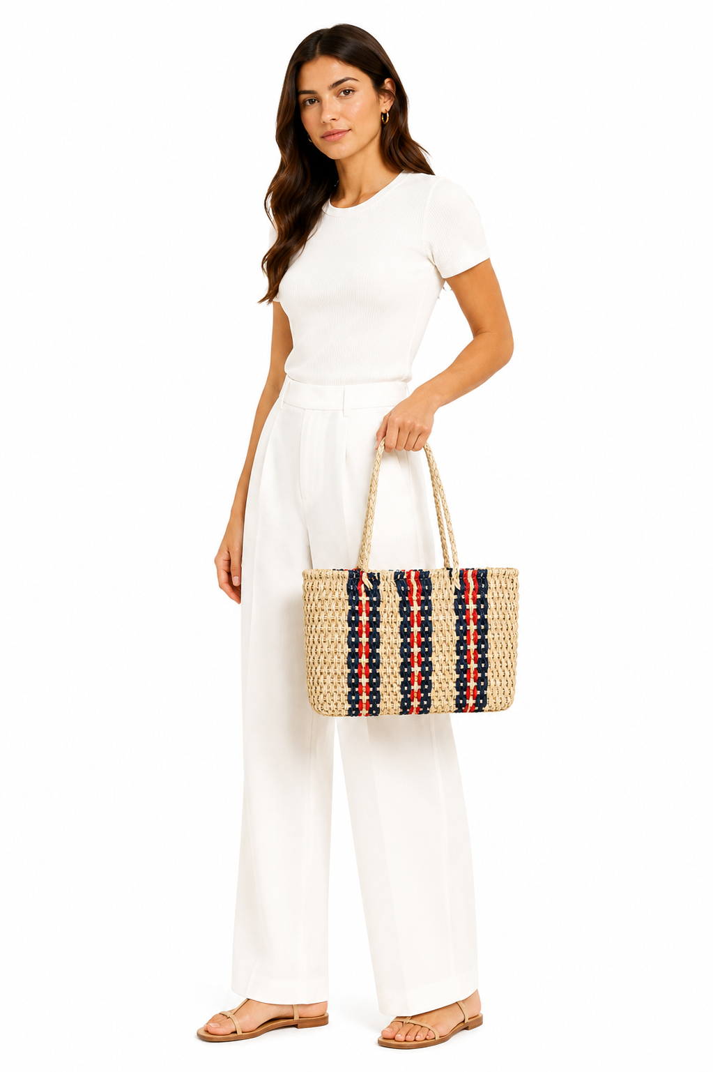 Natural stripe woven tote bag