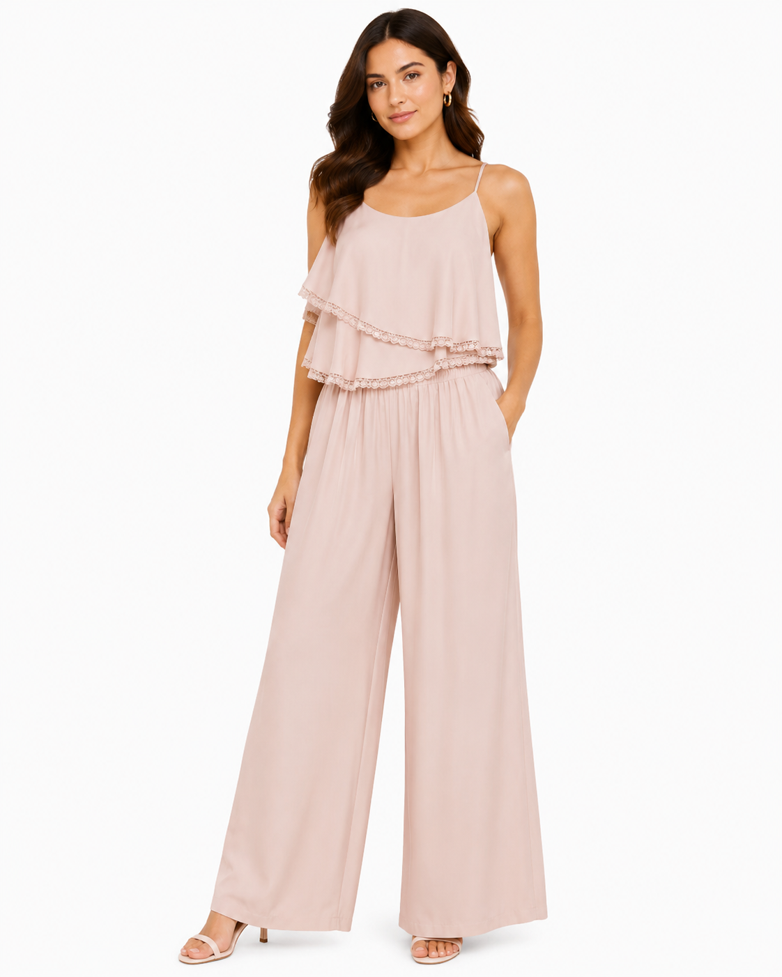 Women’s Blush Layered Lace-Trim Cami Top & Wide-Leg Pants Set