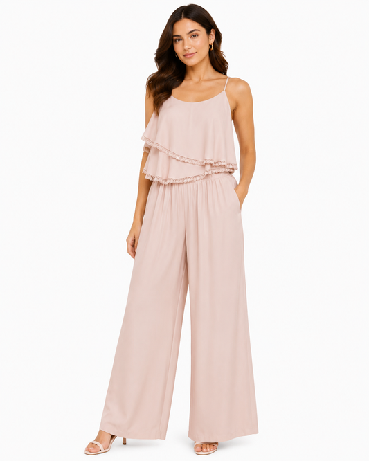 Women’s Blush Layered Lace-Trim Cami Top & Wide-Leg Pants Set