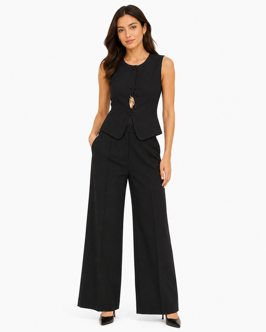 Women’s Black Buttoned Vest & Wide-Leg Pants Set