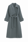 Slate Blue Double-Breasted Trench Coat with Belted Waist