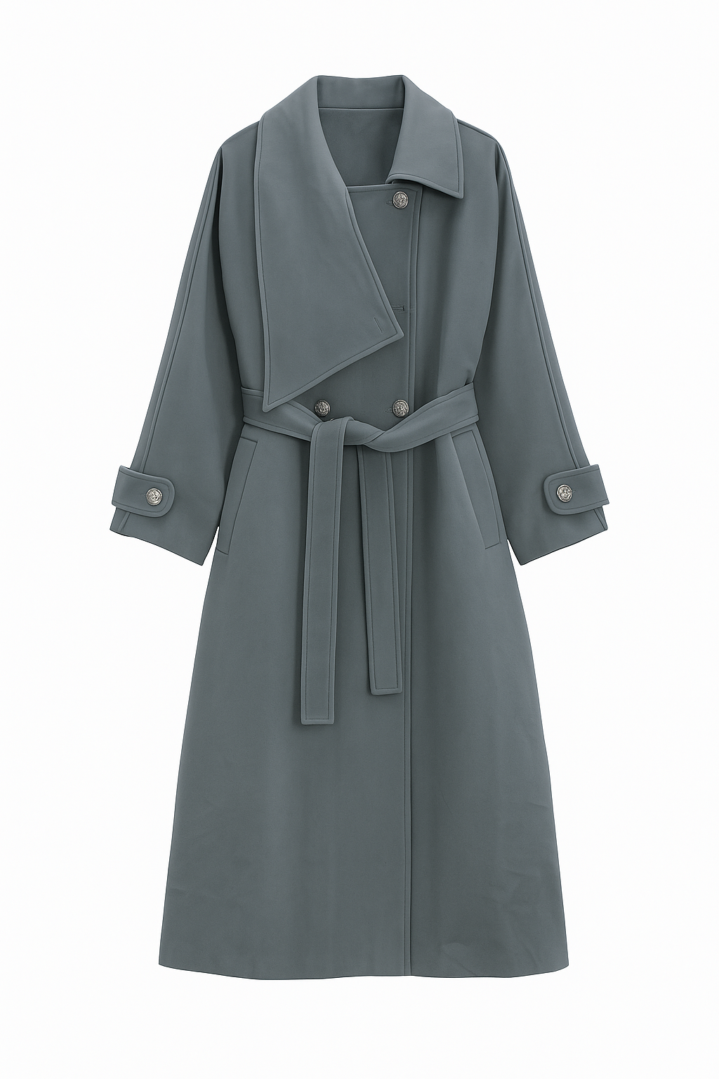 Slate Blue Double-Breasted Trench Coat with Belted Waist