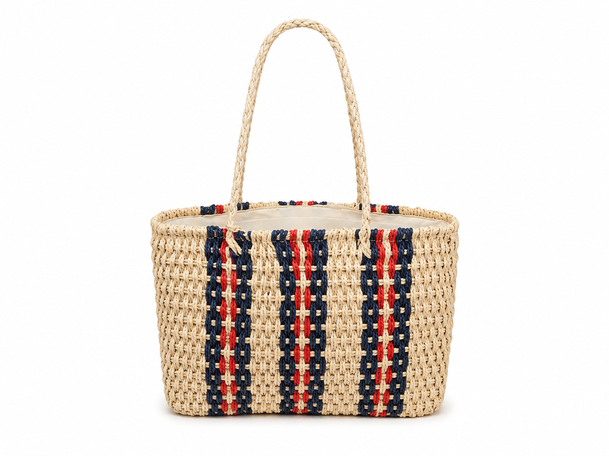 Natural stripe woven tote bag