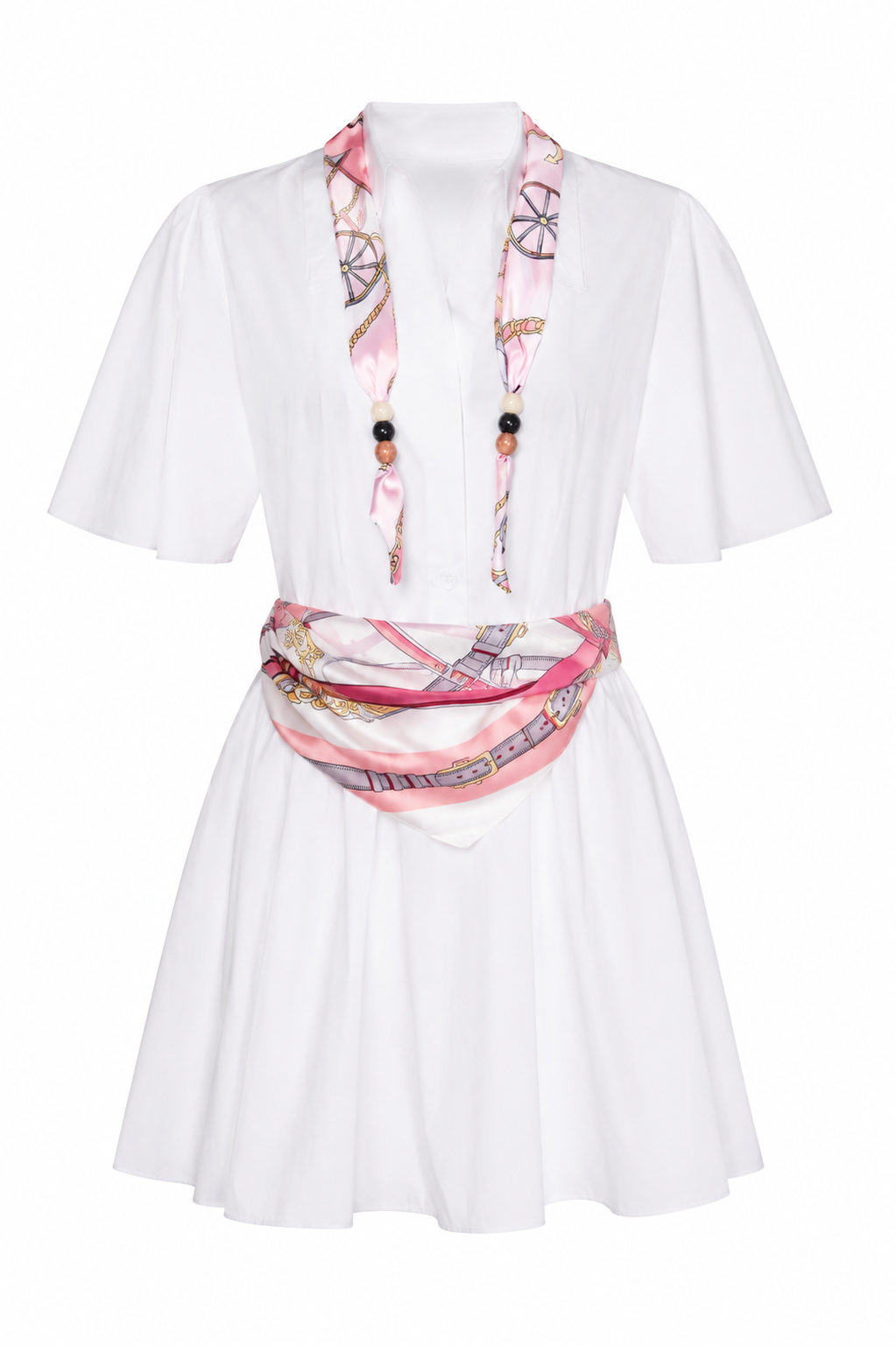 White shirt dress with printed scarf