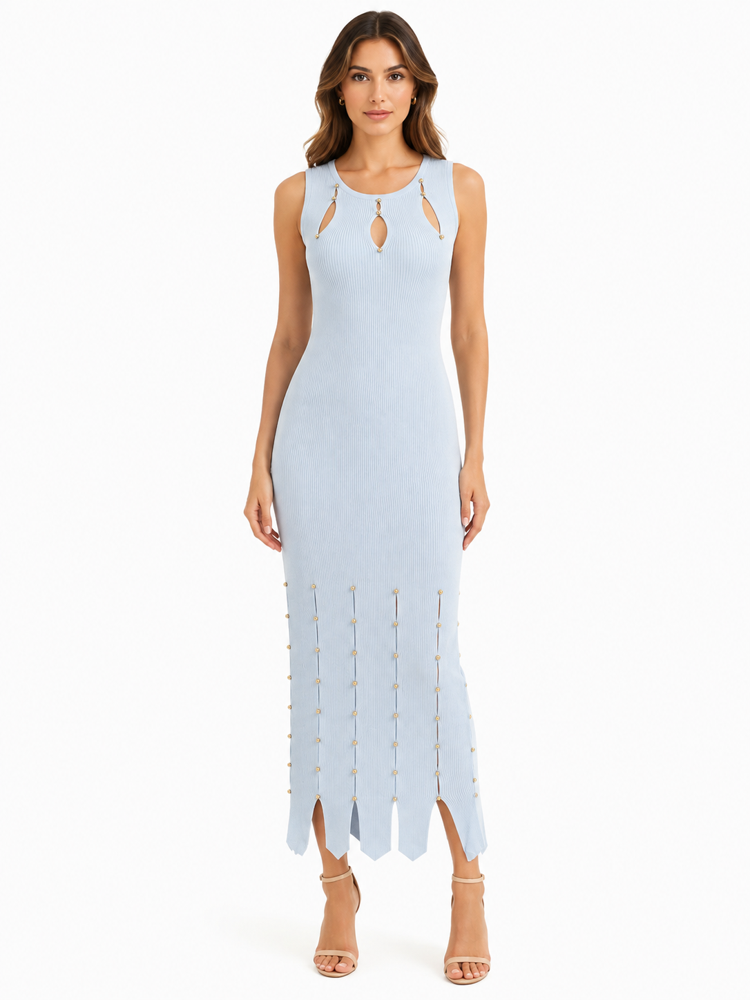 Sky blue gold beaded cutout maxi dress