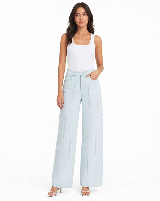 Light blue sequin wide-leg jeans