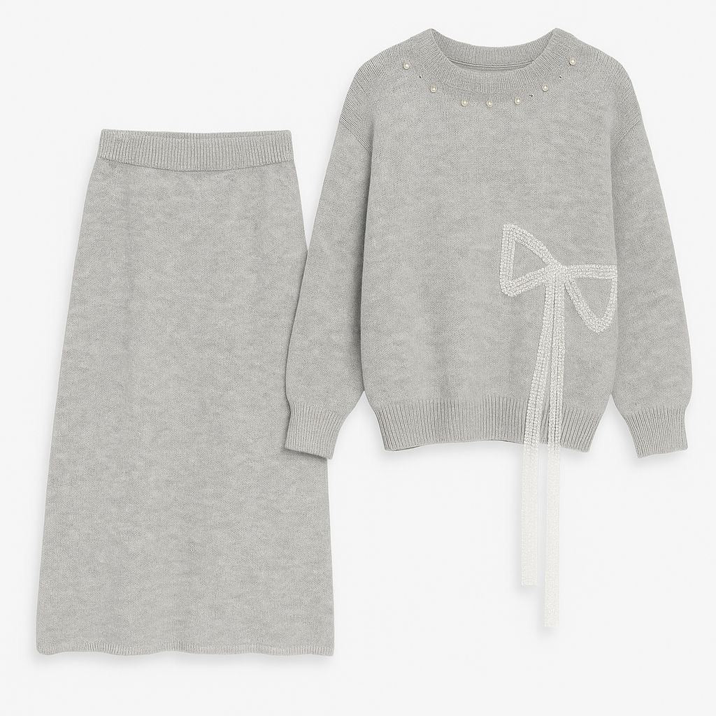 Light Grey Knit Set with Crystal Bow Detail