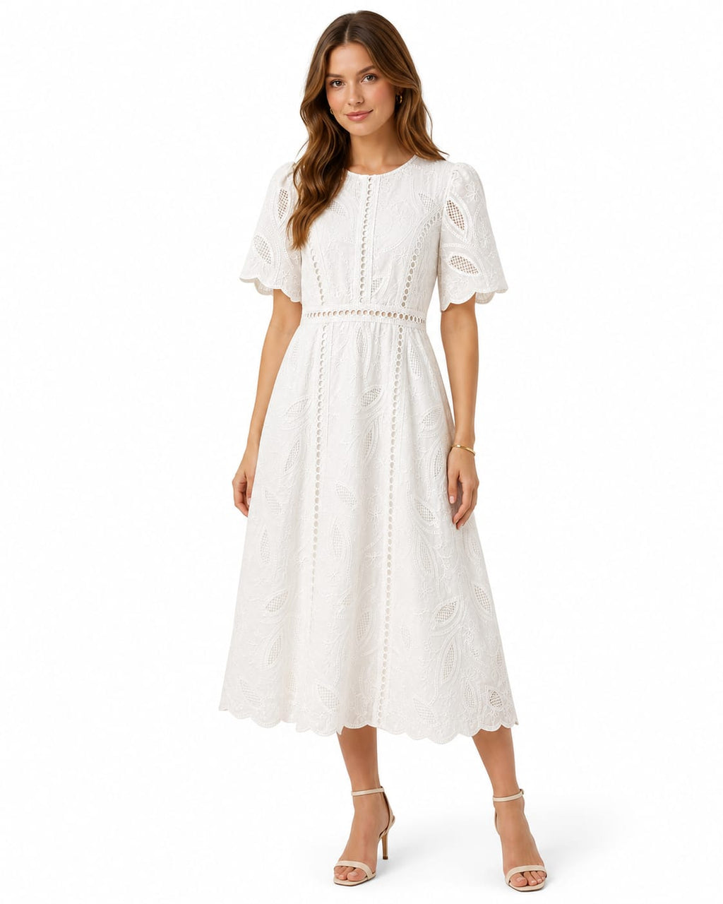 White Embroidered Lace Midi Dress