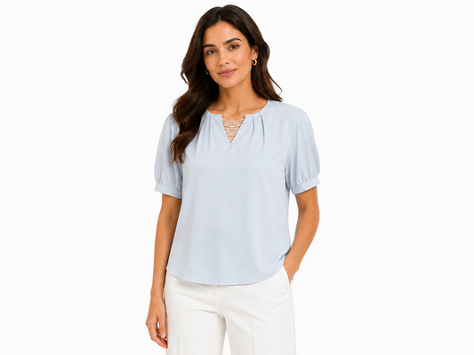 Women pearl detail collared blouse-powder blue