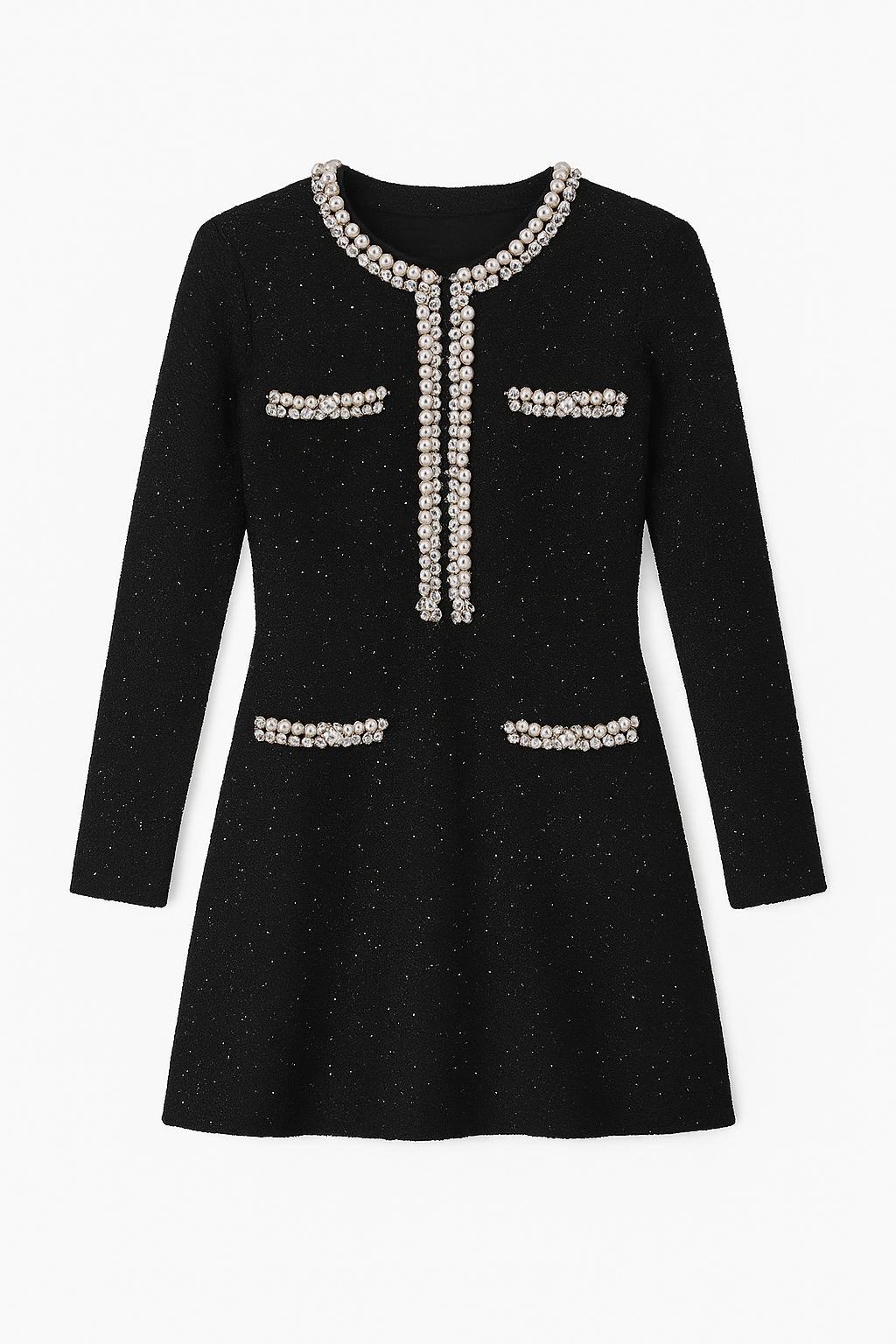 Black Tweed Mini Dress with Pearl Embellished Trim