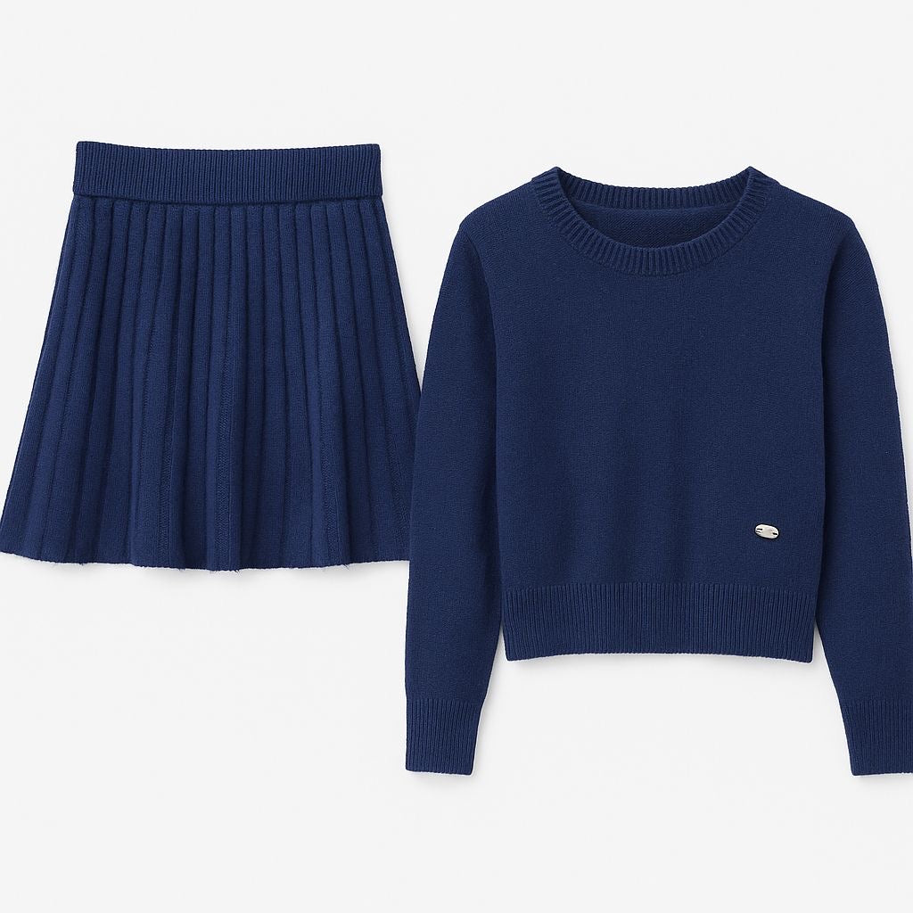 Navy Pleated Knit Skirt and Sweater Set