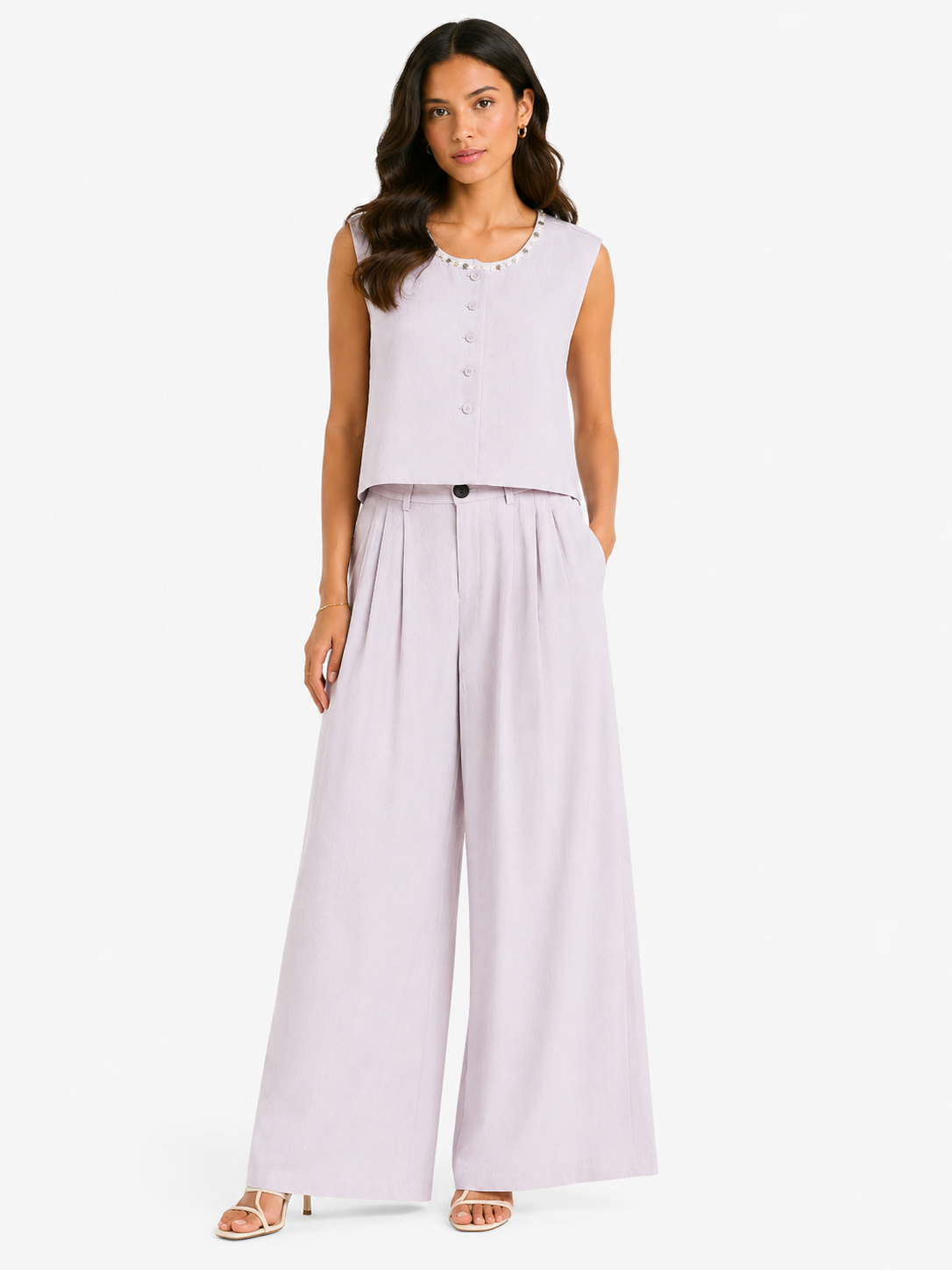 Soft lilac-Trim Sleeveless Top & Wide-Leg Pants Set