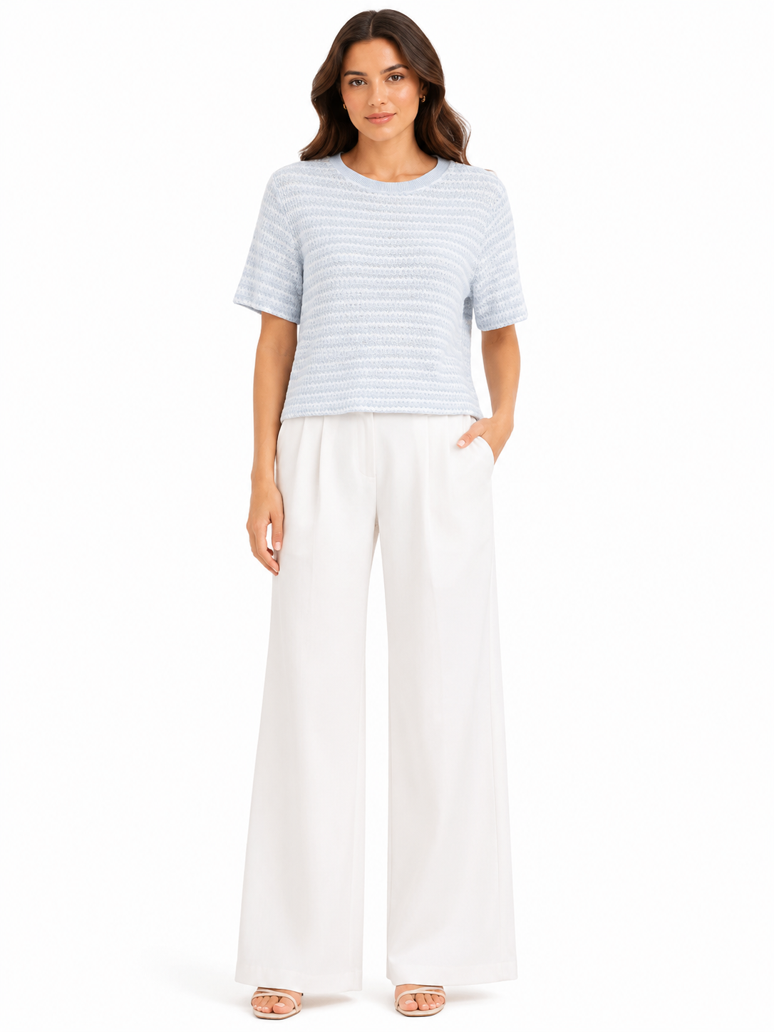 Sky blue textured stripe knit top