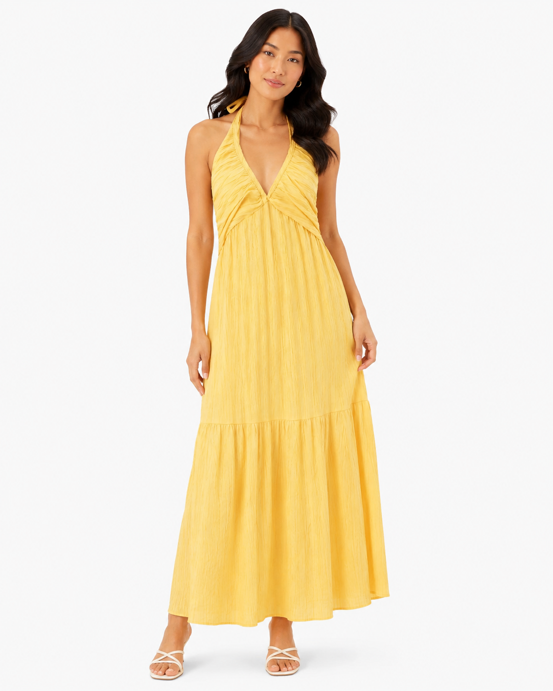 Women’s Yellow Ruched Halter Tiered Maxi Dress