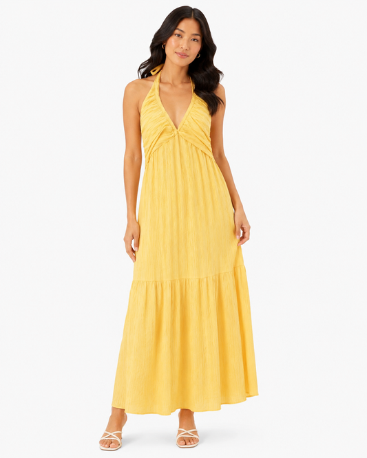 Women’s Yellow Ruched Halter Tiered Maxi Dress