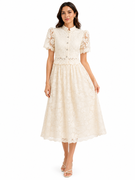 Ivory floral lace top & midi skirt set