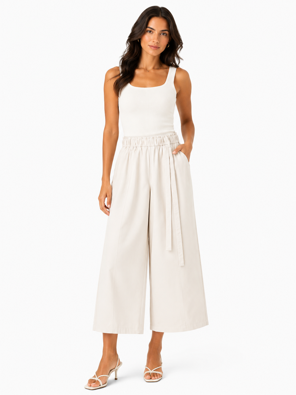 Women elastic waist wide-leg cropped pants
