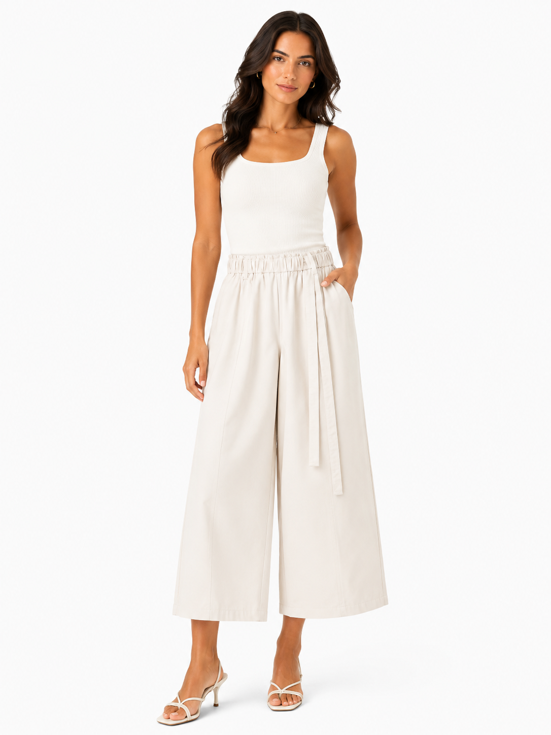 Women elastic waist wide-leg cropped pants