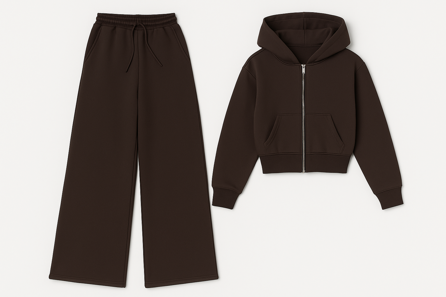Chocolate Brown Zip Hoodie and Wide-Leg Sweatpants Set