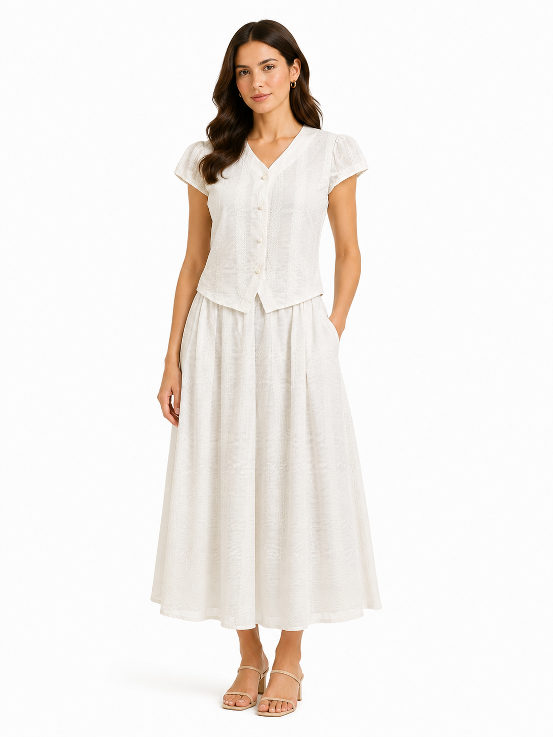 Pearl button textured ivory skirt set