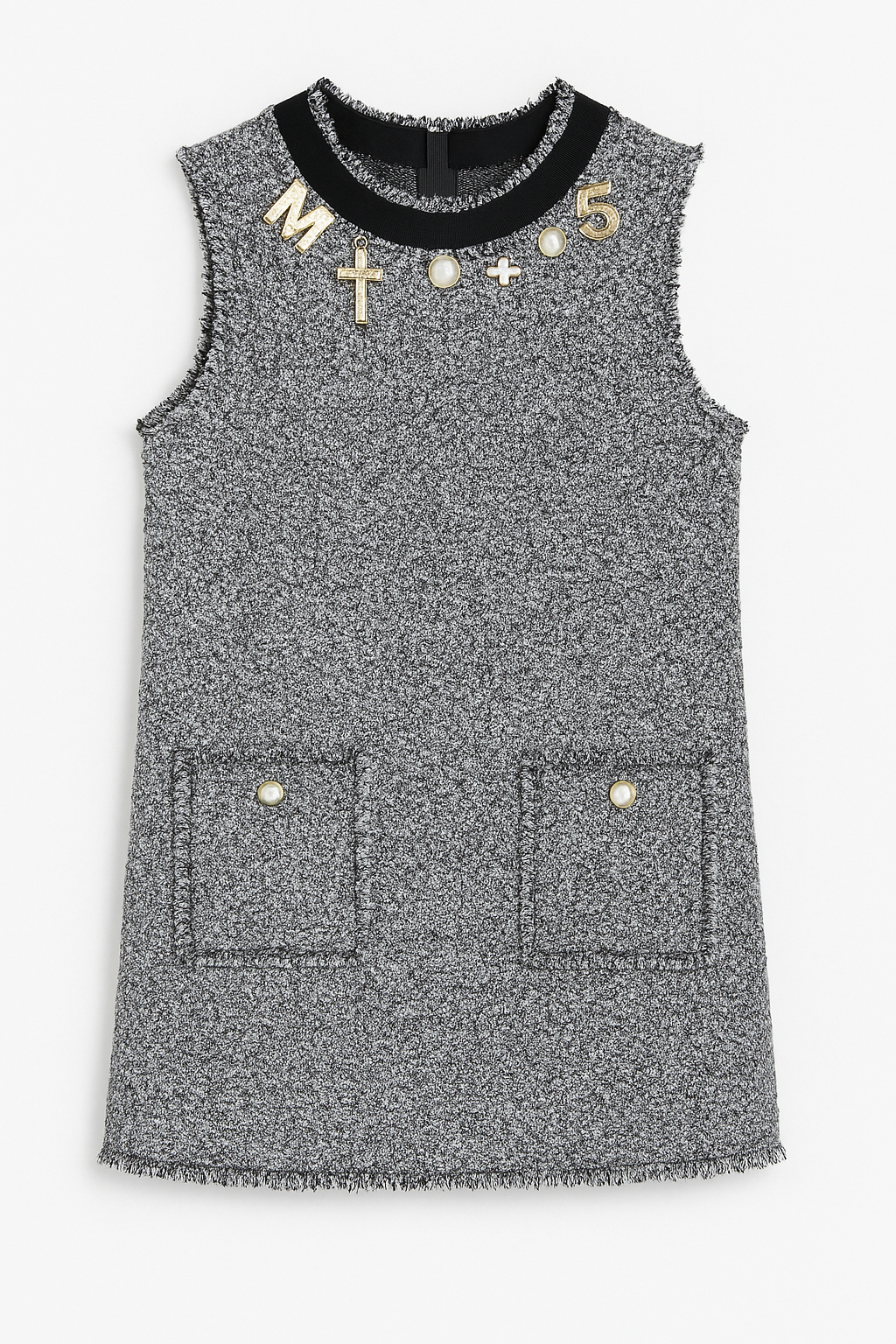 Grey Tweed Sleeveless Dress with Embellished Collar