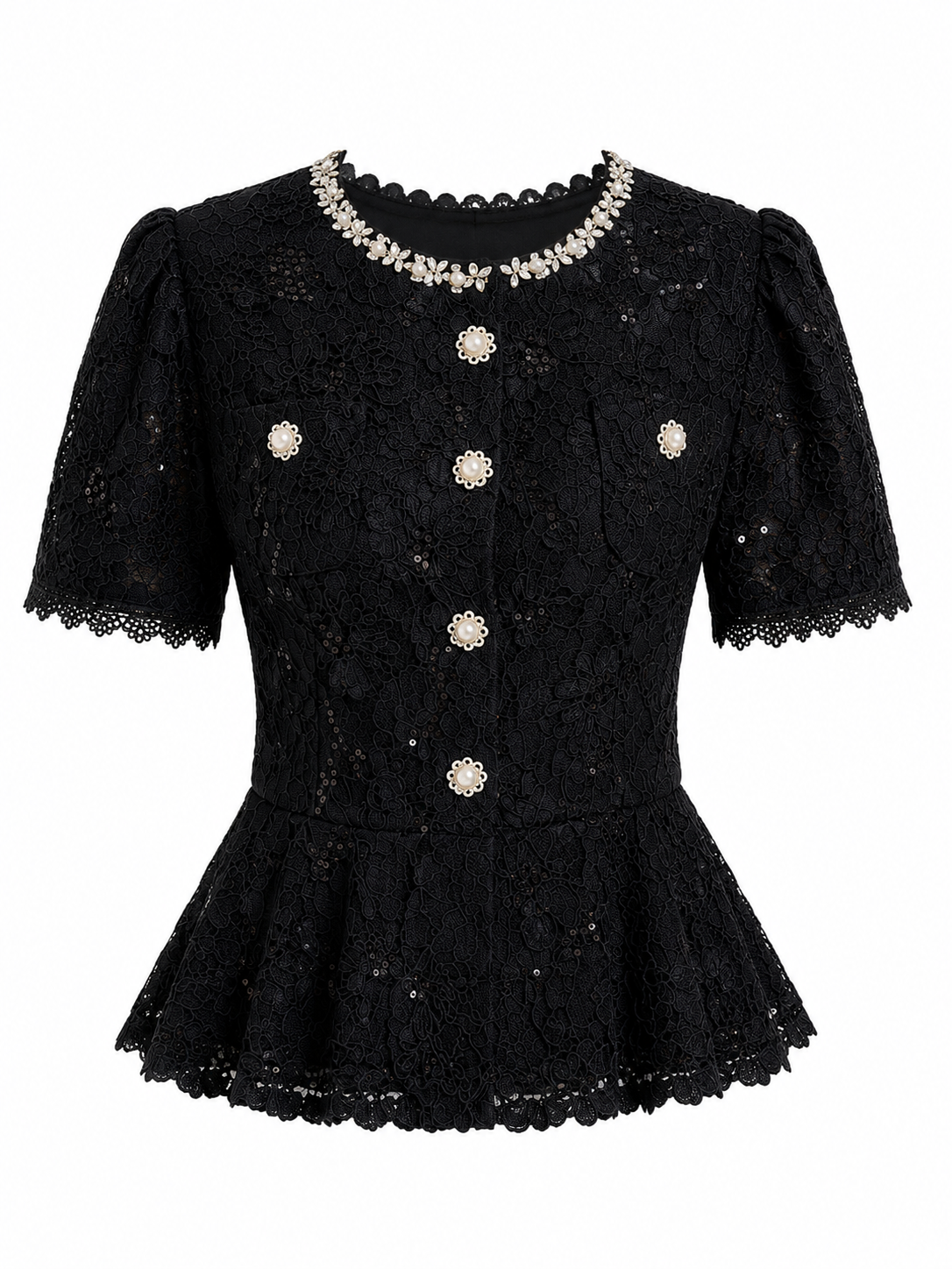 Black embellished lace peplum blouse