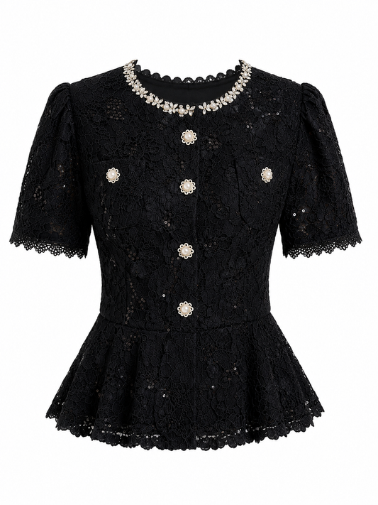 Black embellished lace peplum blouse