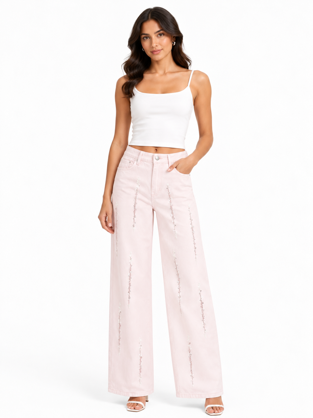Blush embellished wide-leg pants