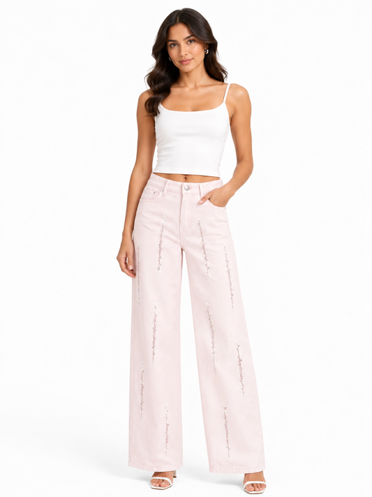 Blush embellished wide-leg pants