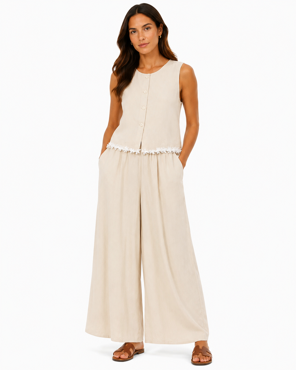Women’s Beige Floral-Trim Vest & Wide-Leg Pants Set