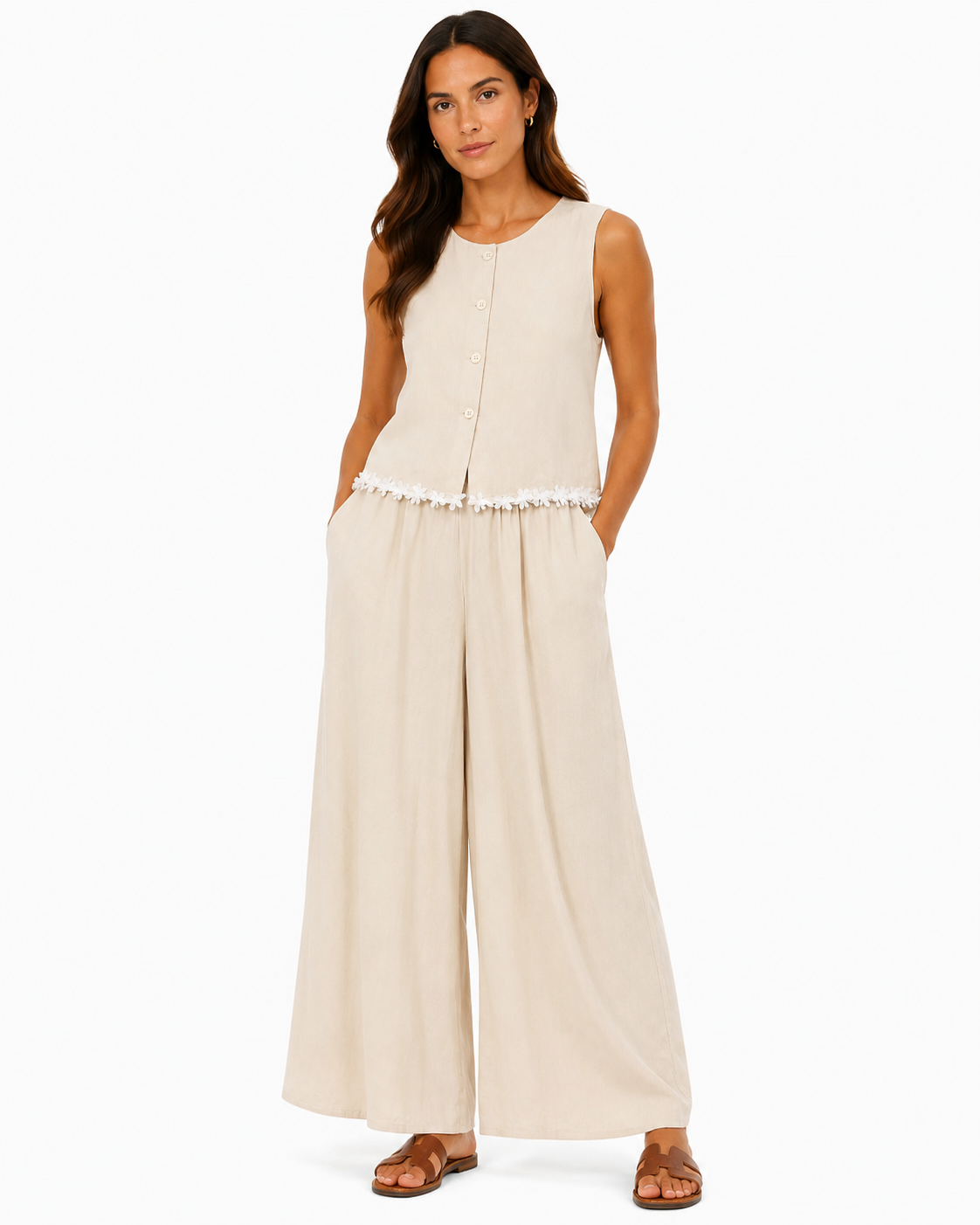 Women’s Beige Floral-Trim Vest & Wide-Leg Pants Set