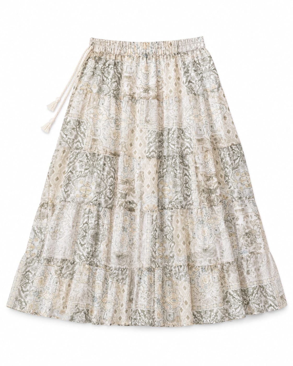 Ivory Bohemian Printed Tiered Maxi Skirt